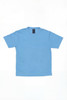 A light blue t-shirt with a crew neck and short sleeves, featuring a label and a simple design.