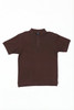 A brown polo shirt with a collar and buttoned placket, featuring a logo on one side.