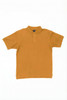 A mustard yellow polo shirt featuring a collar and short sleeves, with a logo on the chest.