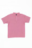 A pink polo shirt featuring a collar and a buttoned placket, with a logo on the chest.