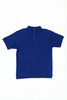 A blue polo shirt with a collar and short sleeves, featuring a logo.
