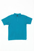 A turquoise polo shirt with a collar and short sleeves, featuring a logo on the chest.