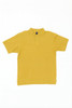 A yellow polo shirt with a collar and short sleeves, featuring a logo on the chest area.