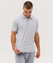 A grey polo shirt with a collar and short sleeves, featuring a logo on the chest.