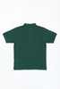 A dark green polo shirt displayed from the back, featuring a collar and short sleeves. It has a logo.