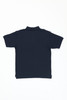 A navy blue polo shirt with a classic collar and short sleeves, featuring a logo on the back.