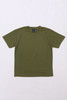 An olive green T-shirt laid flat on a light background, featuring a logo on the neckline.