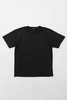 A black T-shirt displayed flat against a light background, with a logo on the inside tag.