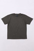 A dark green t-shirt with short sleeves and a logo on the inner neck area set against a light background.