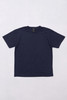 A navy T-shirt featuring a logo on the neckline, laid flat on a light background.