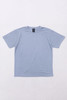 A light blue t-shirt, featuring a round neck and short sleeves, with a logo on the label.