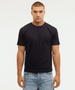 A navy blue t-shirt with short sleeves and a solid design, featuring a simple branding logo on the front.