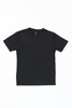 A black youth sports tee with a round neckline and short sleeves. It features a logo on the inner tag.