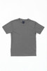 A grey youth tee with a round neckline and short sleeves, featuring a brand logo on the label.