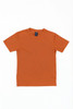 An orange youth t-shirt featuring a plain design and a logo on the label.