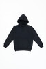A black youth hoodie featuring a front pocket and a drawstring hood, with a logo on the front.