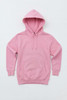 A pink hoodie featuring a front pocket and a hood, with a logo on the front.