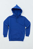 A blue hoodie with a front pocket and a drawstring hood, featuring a logo.