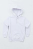 A white youth hoodie featuring a front pocket and a drawstring hood. The garment has a logo on it.