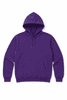 A purple hoodie featuring a front pocket and a drawstring hood, with a branding logo.