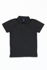 A black polo shirt with a collar and short sleeves, featuring a logo on the chest area.