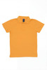A yellow polo shirt with a collar and short sleeves, featuring a branding label.