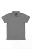 A grey polo shirt featuring a collar and short sleeves, with a label and logo on the inside.