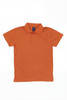 An orange youth polo shirt with a collared neckline and short sleeves, featuring a branding logo.