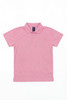 A pink Youth Core Polo shirt featuring a collar and short sleeves, with a logo on the label.