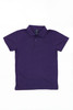 A purple polo shirt with a collar and three buttons, featuring a logo.