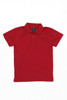 A red polo shirt with a collar and short sleeves, featuring a logo on the label.
