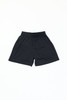Black sports shorts with an elastic waistband and a logo. Ideal for athletic wear.