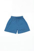 Blue sports shorts with an elastic waistband, featuring a simple design and a logo on one side.