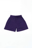 Purple sports shorts with an elastic waistband and a logo. Suitable for youth activities.