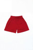 Red sports shorts with an elastic waistband, featuring a logo. Suitable for youth activities.