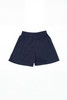 Navy blue sports shorts with an elastic waistband and a logo. The fabric appears lightweight and suitable for active wear.