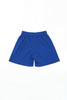 Blue sports shorts featuring an elastic waistband and a simple design. The shorts have a logo on the front.
