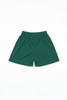 A pair of green sports shorts with an elastic waistband and a plain design, featuring a logo.