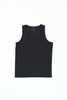 A black singlet with a smooth fabric texture, featuring a logo at the neckline.