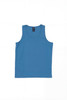 A blue youth singlet made from soft fabric, featuring a logo at the top. Suitable for sports activities.