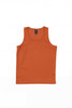 An orange singlet made from soft fabric, featuring a logo on the label inside the neckline.