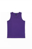 A purple youth singlet with a simple design and a label at the neckline. It has a logo.