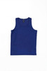 A blue youth singlet featuring a sleeveless design and a tag at the neck, with a simple logo.