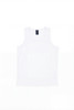 A white youth singlet featuring a simplistic design and a logo at the label. Suitable for sports activities.