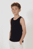 A youth black singlet displayed on a model, featuring a simple design and sleeveless style.