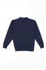 A navy blue crew jumper with long sleeves and a round neckline, featuring a logo.