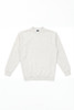 A light grey jumper with long sleeves and a round neck. It features a small logo on the front.