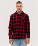 A men's button-up shirt featuring a red and black checked pattern, with a front pocket and a logo.