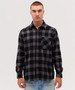 A long sleeve button-up shirt in black and grey check pattern with a single chest pocket. Features a logo.