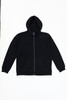 A black zip hoodie featuring a hood and front pockets, with a logo on the chest.